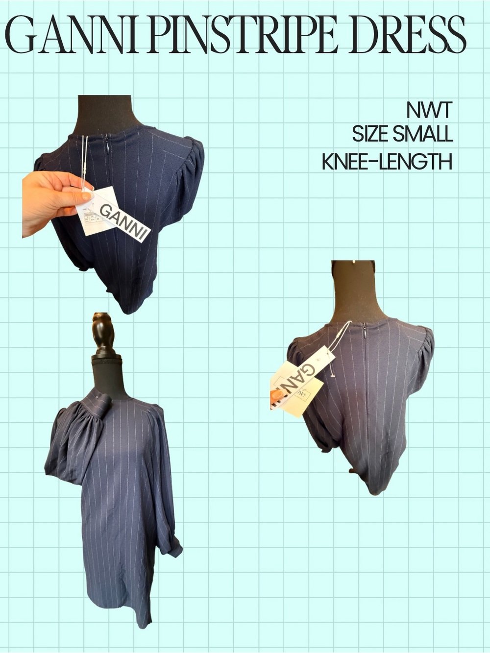 Ganni Navy Pinstripe Asymmetrical Dress